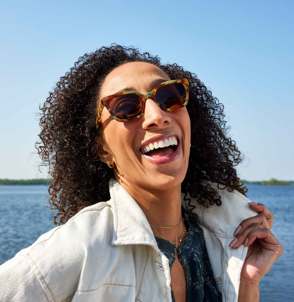 Female Model Wearing Frames Overlook in Tortoise Pattern