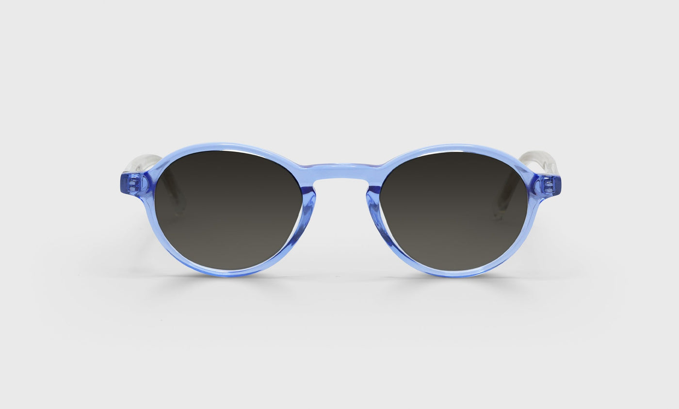 15-pg | eyebobs premium designer board stiff readers, blue light and prescription glasses in light blue front crystal temples, polarized grey, front