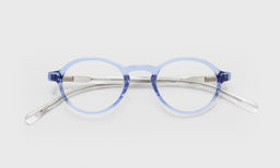 15_eyebobs premium designer board stiff readers, blue light and prescription glasses in light blue front crystal temples, laydown