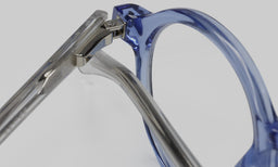 15_eyebobs premium designer board stiff readers, blue light and prescription glasses in light blue front crystal temples, macro