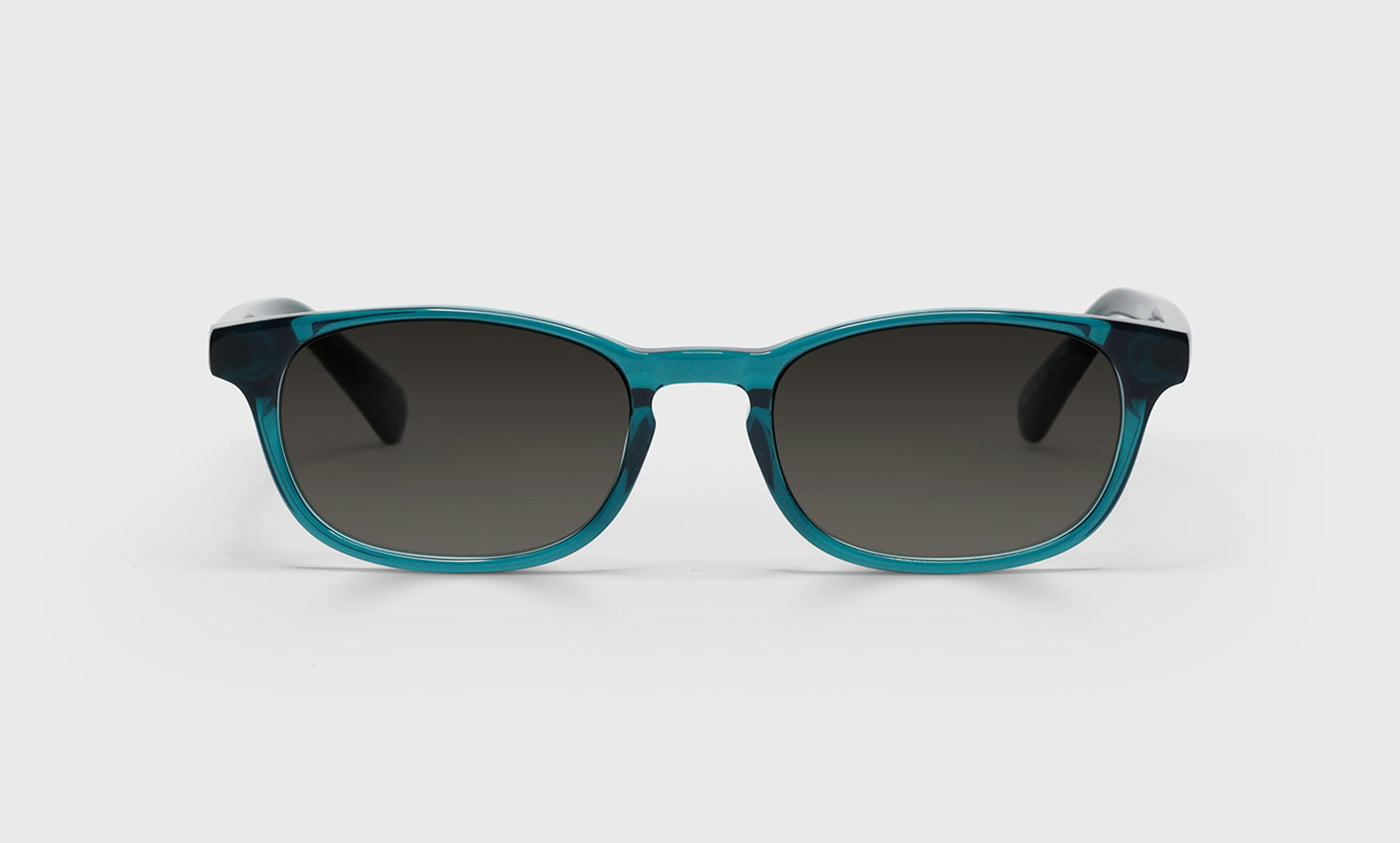 59_eyebobs premium designer on board readers, blue light and prescription glasses in teal transparent, polarized grey