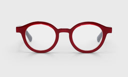 Unisex average size round eyeglasses with vibrant raspberry frame front and smooth grey temples on light background