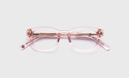 eyebobs bold square eyeglasses in Pink Crystal, laid flat with temples visible