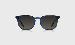 eyebobs light rounded square eyeglasses in Blue Crystal with grey polarized lenses, front view