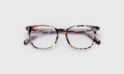 eyebobs light rounded square eyeglasses in Lavender Tinted Tortoise, laid flat with temples visible