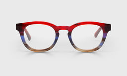 Unisex wide round reading glasses with red demi to blue and beige gradient front and solid red demi temples on white background