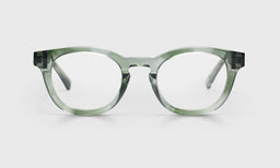 Wide unisex round reading glasses with olive demi crystal acetate frame and matching temples on a light gray background