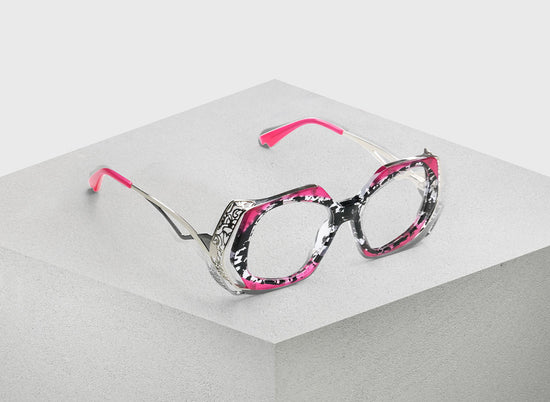 00 - Black Ink Blots Married with Hot Pink and Intricate Stainless Steel Temples