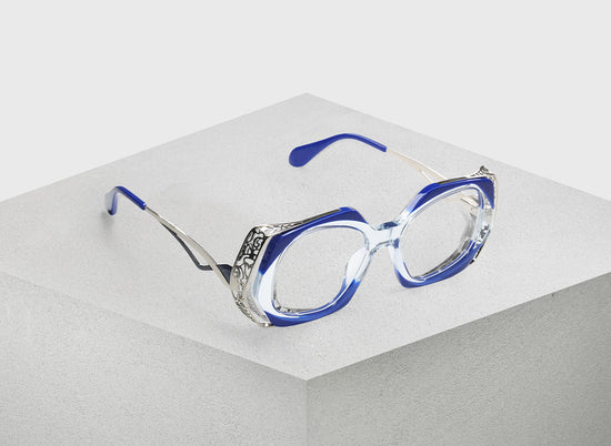 10 - Decorative Cobalt and Clear Corners Matched with Intricate Stainless Steel Temples