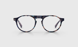 Round eyeglasses with narrow frame in matte and gloss lake shore blue acetate on light gray background