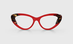 Cat-eye unisex acetate eyeglasses with cherry red front and animal print temples on light gray background