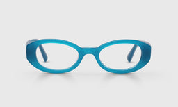 Oval unisex eyeglasses with smooth teal acetate front and matching temples on a neutral gray background