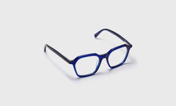 eyebobs wide square eyeglasses in cobalt blue, angled view showing temples