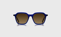 eyebobs wide square eyeglasses in cobalt blue with brown polarized lenses, front view