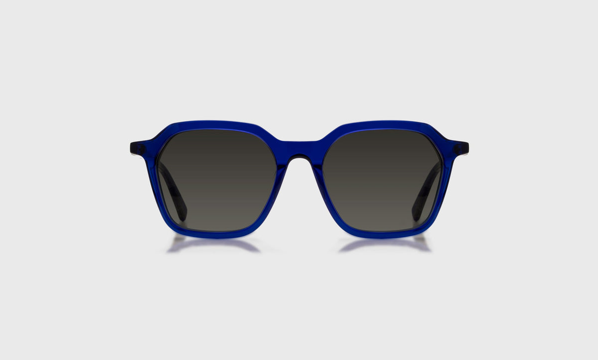 eyebobs wide square eyeglasses in cobalt blue with grey polarized lenses, front view