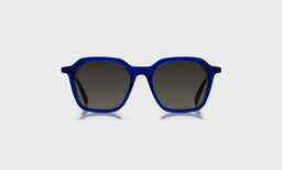 eyebobs wide square eyeglasses in cobalt blue with grey polarized lenses, front view