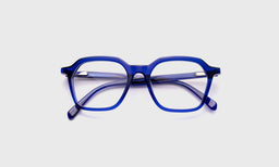 eyebobs wide square eyeglasses in cobalt blue, laid flat with temples visible