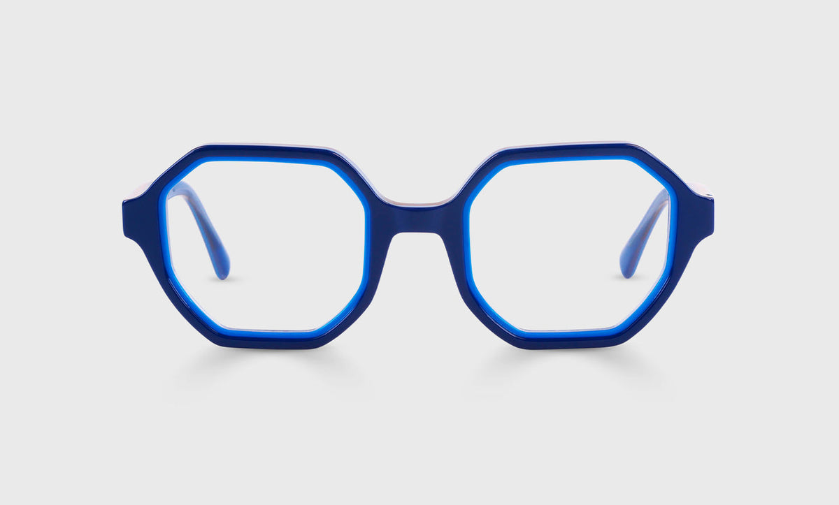 Cutting It Close Color 10 - Navy Outside and Cornflower Inside reading glasses with italian-designed acetate and scratch resistant lenses