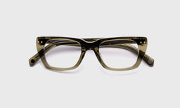 eyebobs cat-eye eyeglasses in Olive Green Crystal, laid flat with temples visible