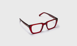 eyebobs wide square eyeglasses in Deep Red Crystal, angled view showing temples