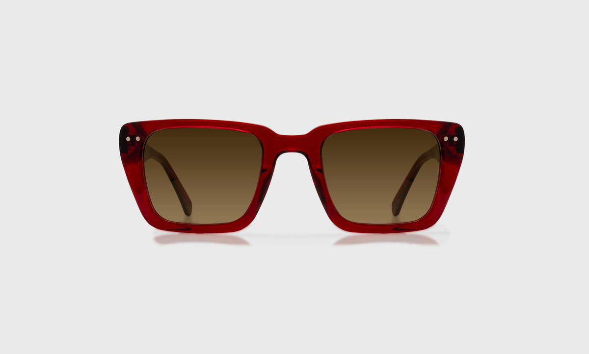 eyebobs wide square eyeglasses in Deep Red Crystal with brown polarized lenses, front view