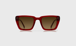 eyebobs wide square eyeglasses in Deep Red Crystal with brown polarized lenses, front view