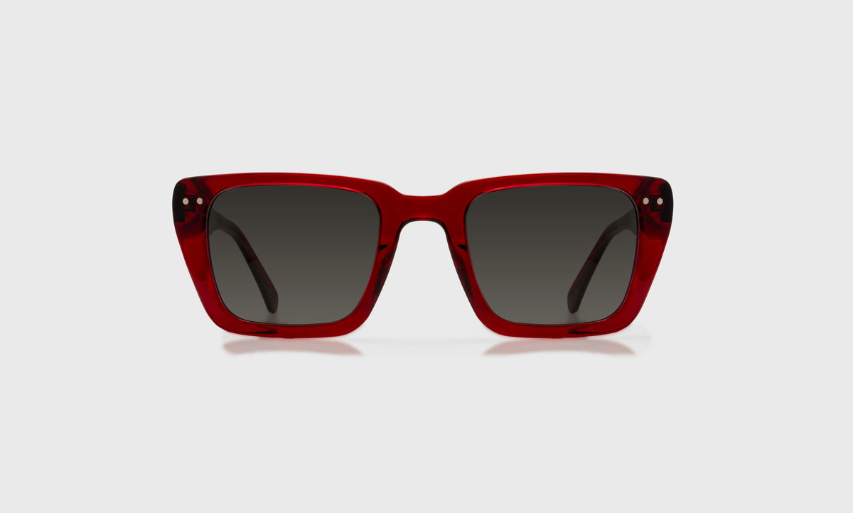 eyebobs wide square eyeglasses in Deep Red Crystal with grey polarized lenses, front view