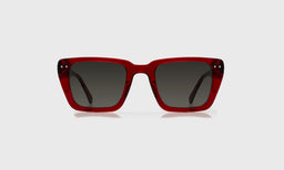 eyebobs wide square eyeglasses in Deep Red Crystal with grey polarized lenses, front view