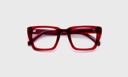 eyebobs wide square eyeglasses in Deep Red Crystal, laid flat with temples visible