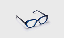 eyebobs oval eyeglasses in cobalt blue, angled view showing temples