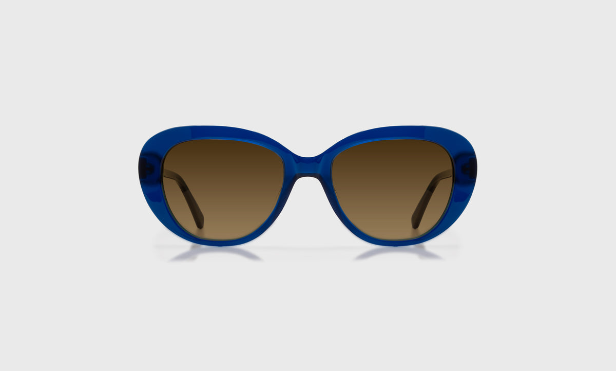 eyebobs oval eyeglasses in cobalt blue with brown polarized lenses, front view