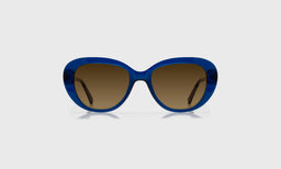 eyebobs oval eyeglasses in cobalt blue with brown polarized lenses, front view