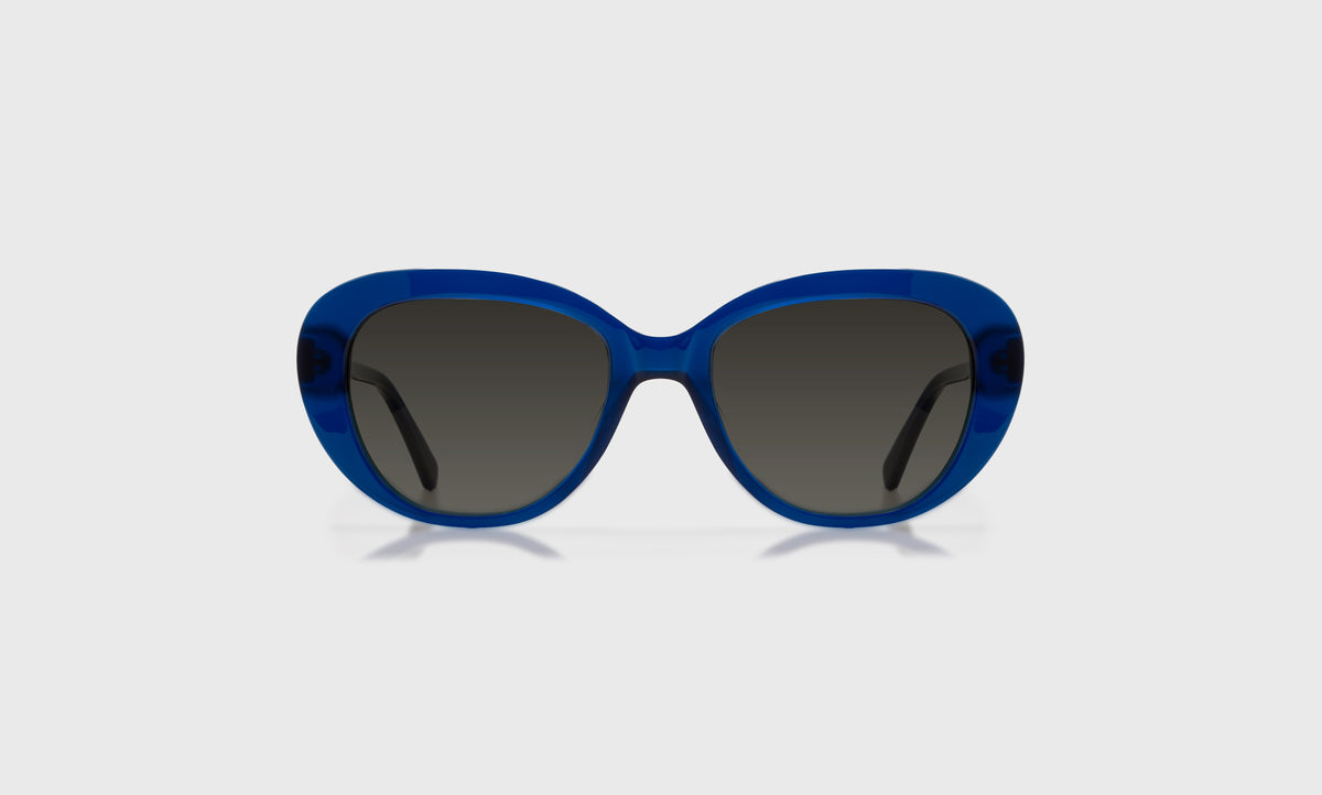 eyebobs oval eyeglasses in cobalt blue with grey polarized lenses, front view
