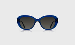eyebobs oval eyeglasses in cobalt blue with grey polarized lenses, front view
