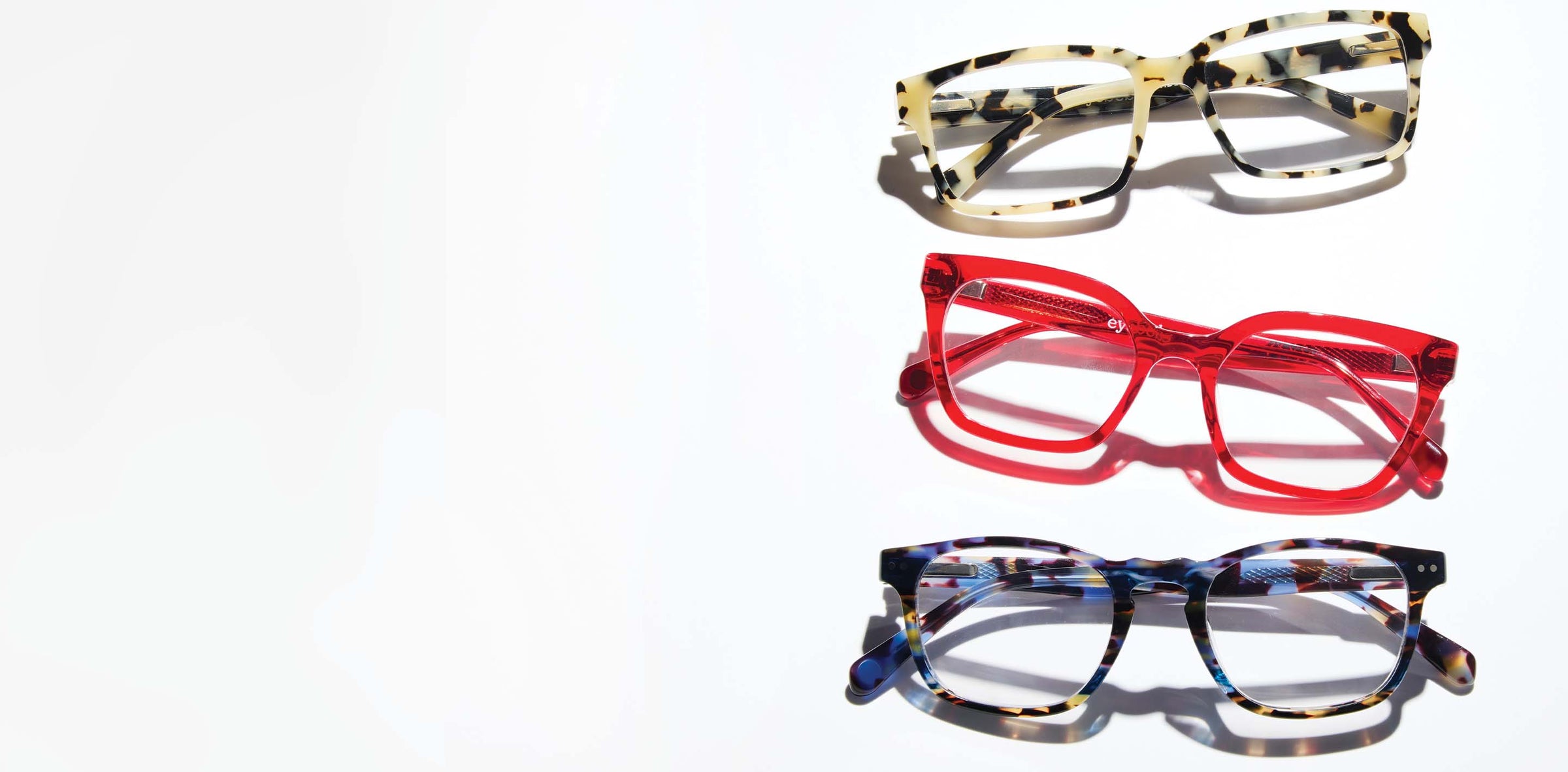 Frames Wide Eyed in Vanilla Tortoise, Overlook in Red, and Old Sport in Navy Tortoise