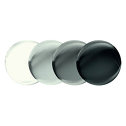 Four circular Transitions Grey lenses shown in progressive darkening stages on white background