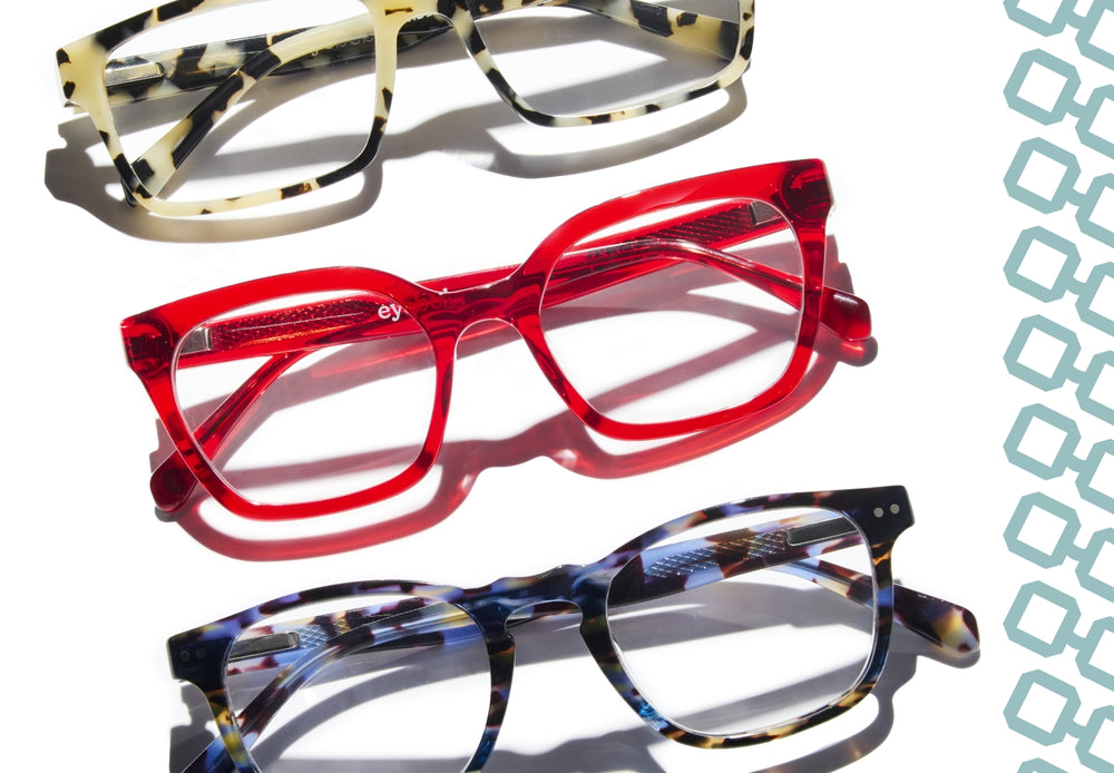Wide Eyed in Vanilla Tortoise, Overlook in Red, and Old Sport in Navy Tortoise