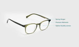 Olive green acetate eyeglass frames with clear lenses, shown on a light gray background with callout lines pointing to 'Spring Hinges', 'Premium Materials', and 'Optical Quality Lenses'.