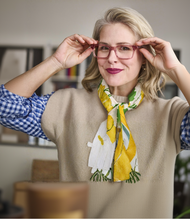 blonde model with pink glasses