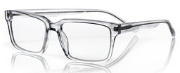 Large transparent grey acetate rectangular eyeglasses with wide frames and glossy finish on a white reflective surface