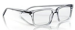 Wide transparent grey acetate rectangular eyeglasses with oversized frames and a polished glossy finish on a reflective white surface