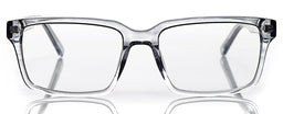 Wide transparent grey acetate rectangular eyeglasses with wide frames and a glossy finish on a reflective white surface