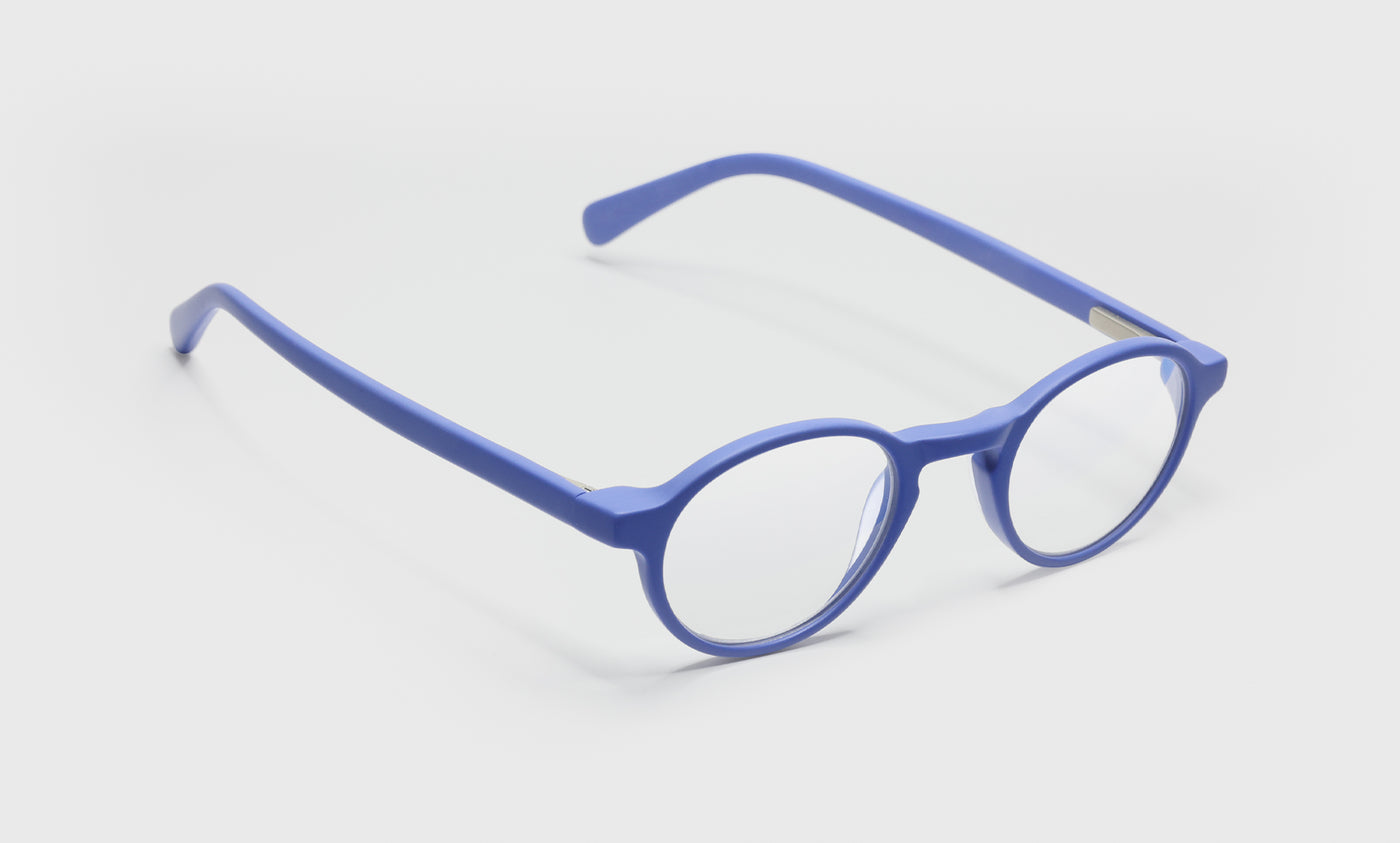 09_eyebobs premium designer board stiff readers, blue light and prescription glasses in matte periwinkle, angle
