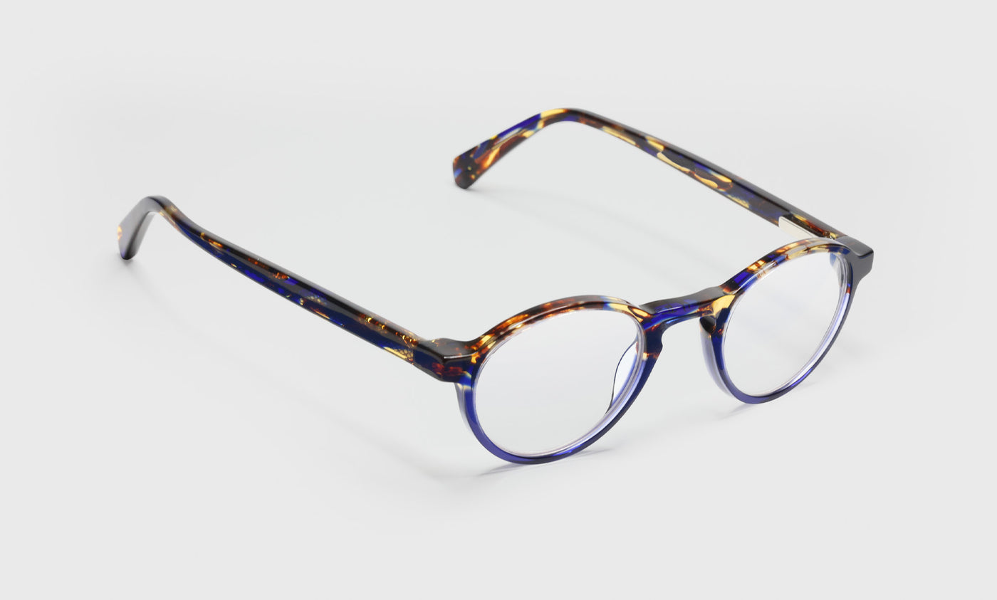50_eyebobs premium designer board stiff readers, blue light and prescription glasses in tortoise & navy, angle