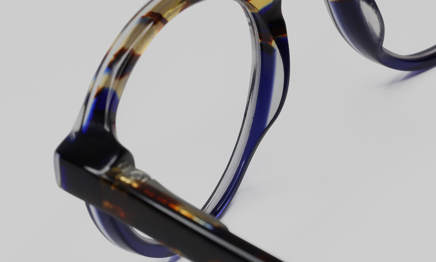 50_eyebobs premium designer board stiff readers, blue light and prescription glasses in tortoise & navy, macro