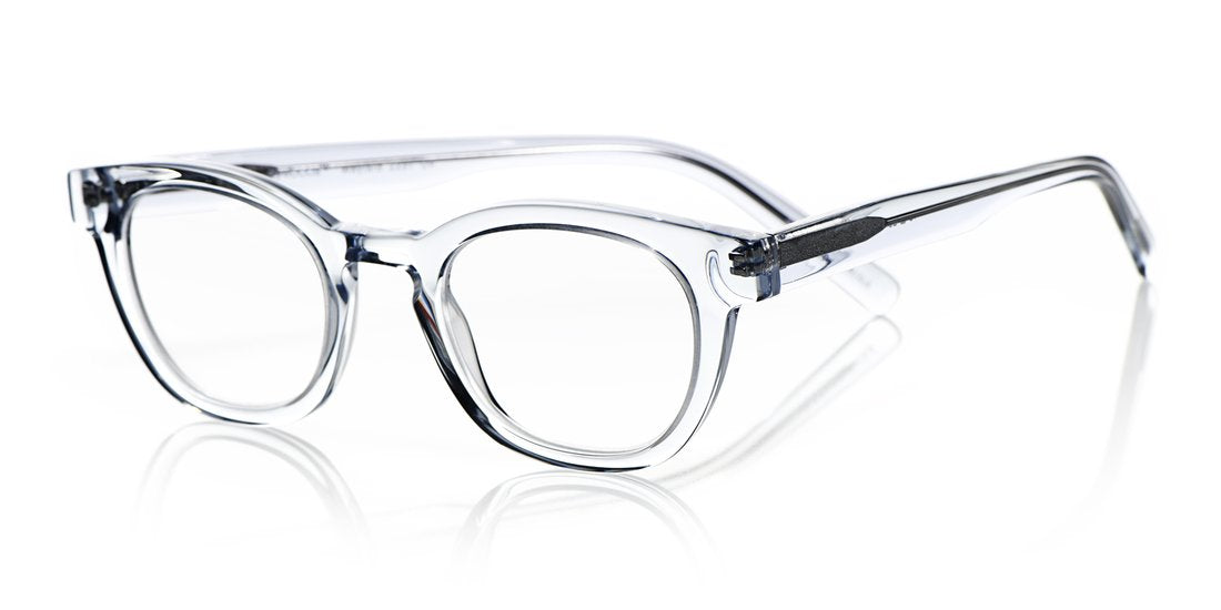 Square-shaped translucent acetate eyeglasses with shiny finish and modern retro-inspired frame on white background
