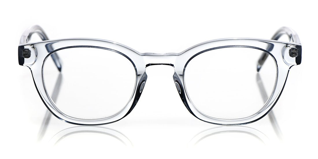 Square-shaped blue crystal acetate eyeglasses with shiny finish and classic retro-inspired frame on white background