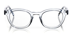 Square-shaped blue crystal acetate eyeglasses with shiny finish and classic retro-inspired frame on white background