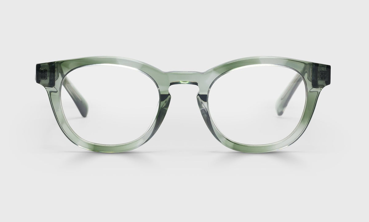 Wide unisex round reading glasses with olive demi crystal acetate frame and temples on a white background