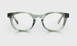 Wide unisex round reading glasses with olive demi crystal acetate frame and temples on a white background